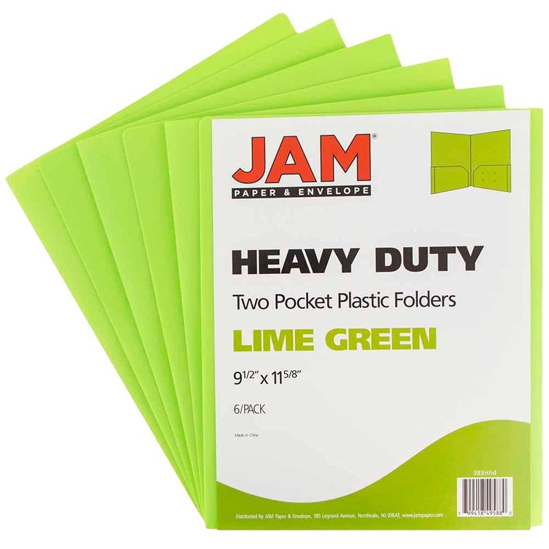 JAM PAPER Heavy Duty Plastic 2 Pocket Extra Tough School Folders - Lime Green - 6/Pack - Image 2
